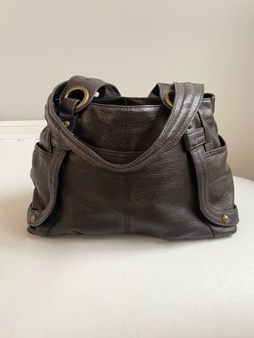 TIGNANELLO BROWN PEBBLED LEATHER TOTE BRASS HARDWARE STRAPS
